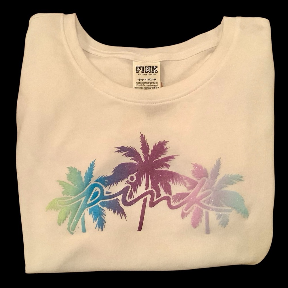 PINK Victoria's Secret colorful glittery Palm Tree Graphic Tee. NWT. Sz S - Picture 2 of 7